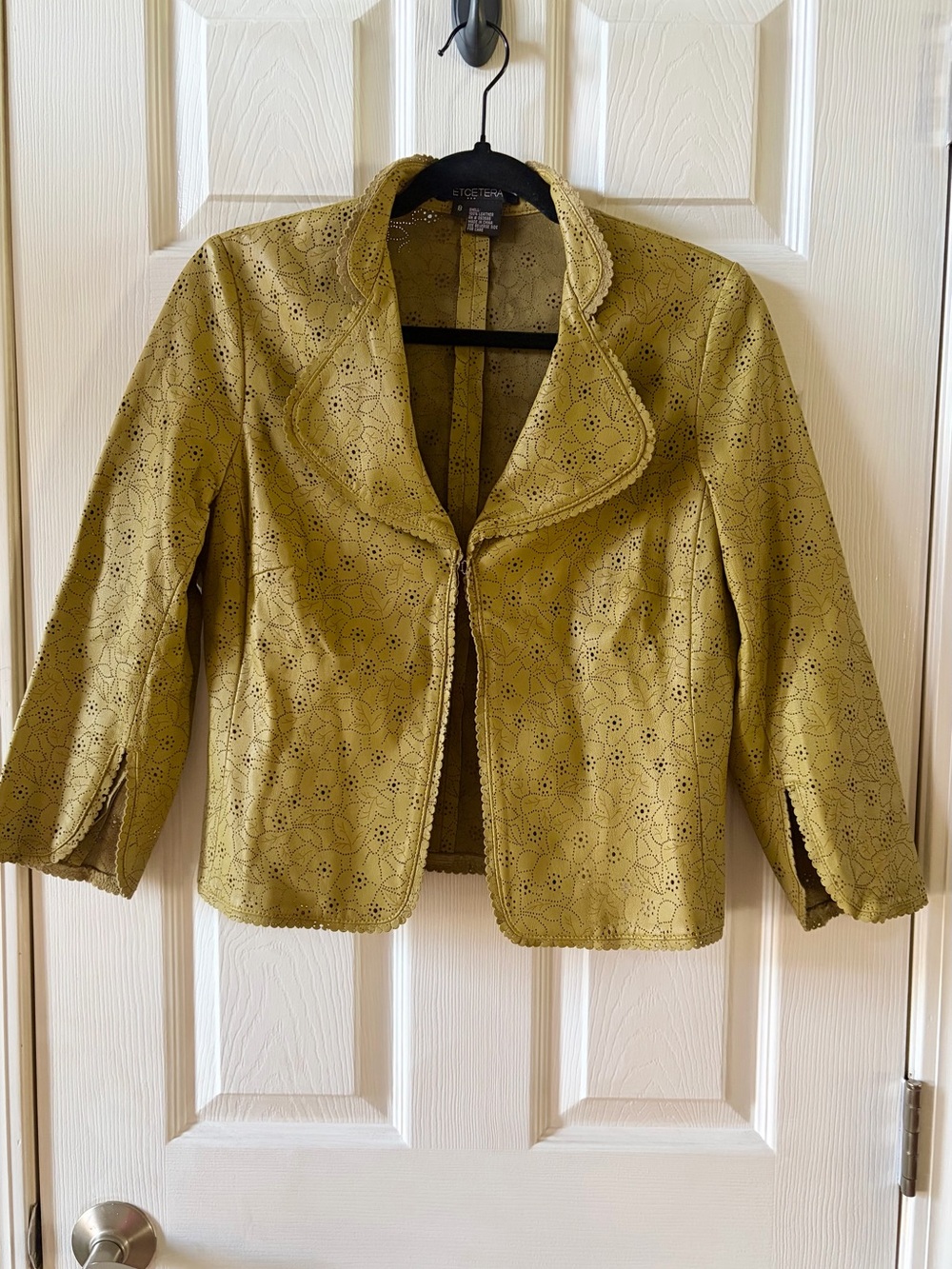 Etcetera Mustard Yellow Perforated Laser Cut Leather Jacket Blazer Size 8
